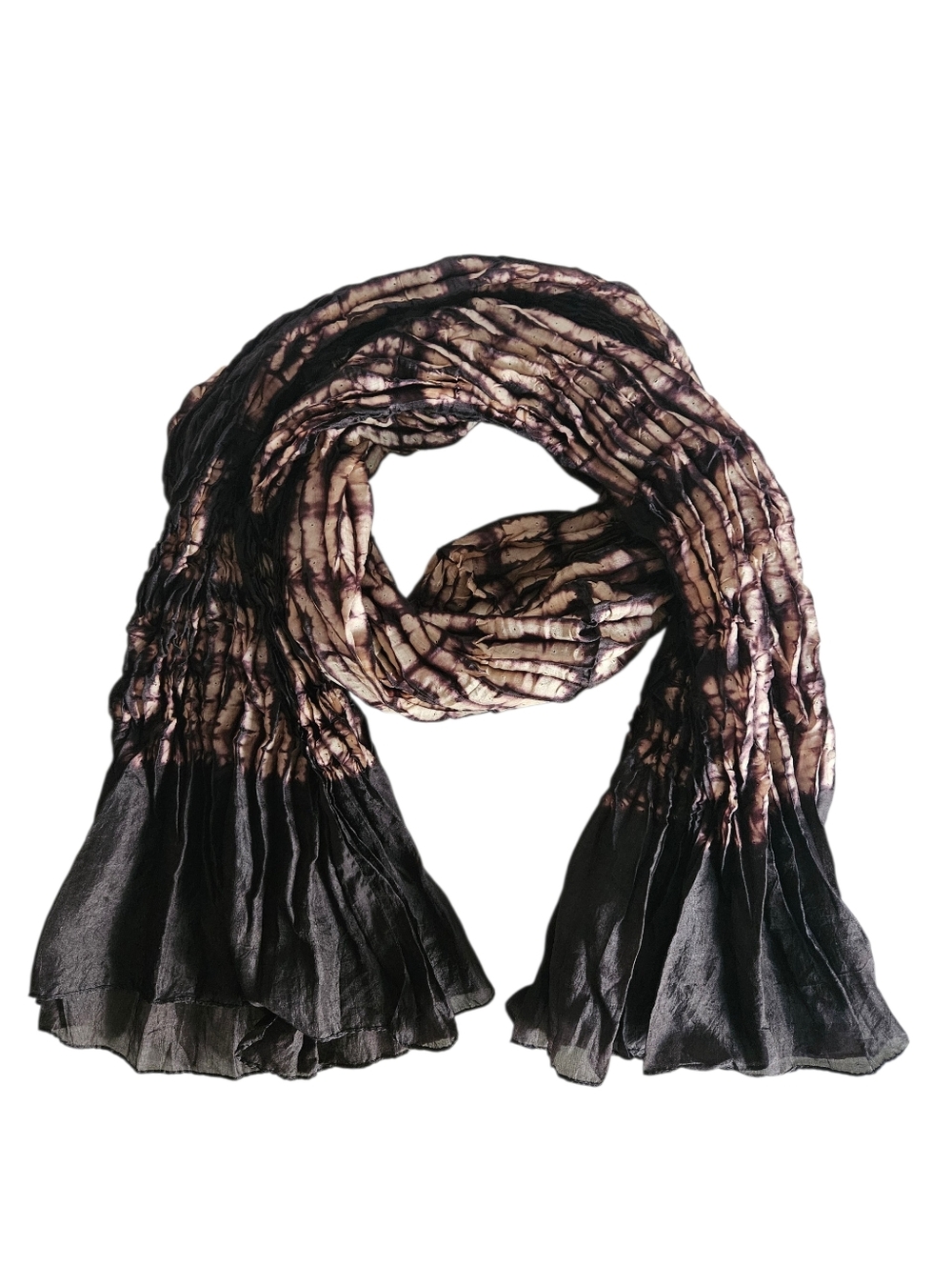 NWOT PASSIGATTI ITALY Black & Brown Tie-Dye Batik Silk Chiffon Pleated Scarf